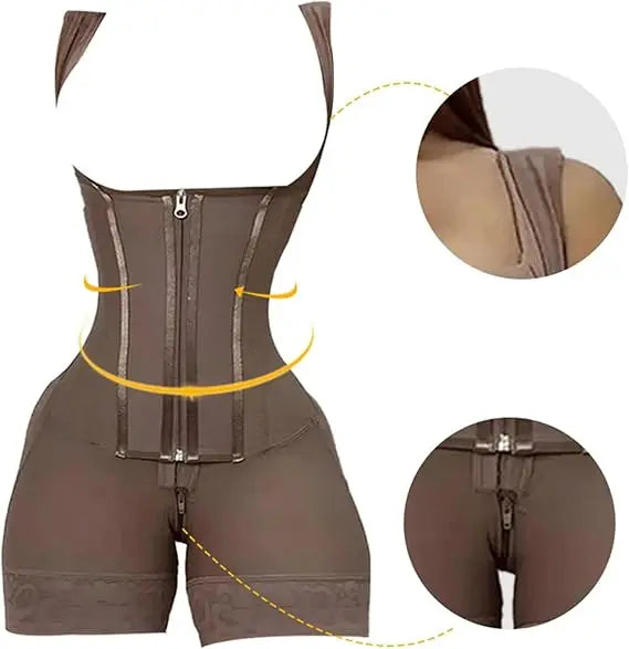 Women's High-Waisted Lace Shapewear Bodysuit - Non-Padded, Full-Coverage, Zipper Closure, Nylon Knit Fabric with Elegant Contras