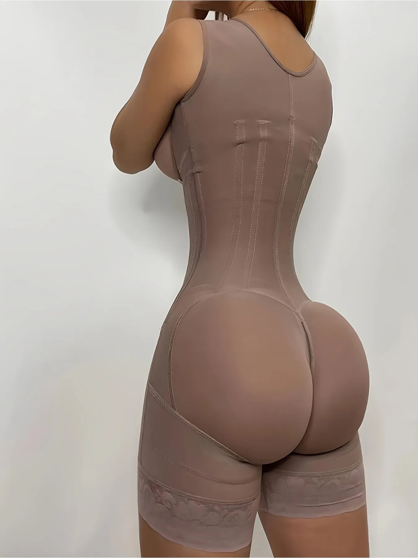 Women's High-Waisted Lace Shapewear Bodysuit - Non-Padded, Full-Coverage, Zipper Closure, Nylon Knit Fabric with Elegant Contras