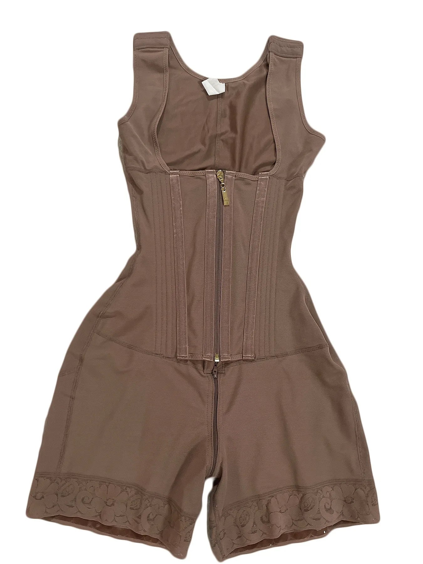 Women's High-Waisted Lace Shapewear Bodysuit - Non-Padded, Full-Coverage, Zipper Closure, Nylon Knit Fabric with Elegant Contras