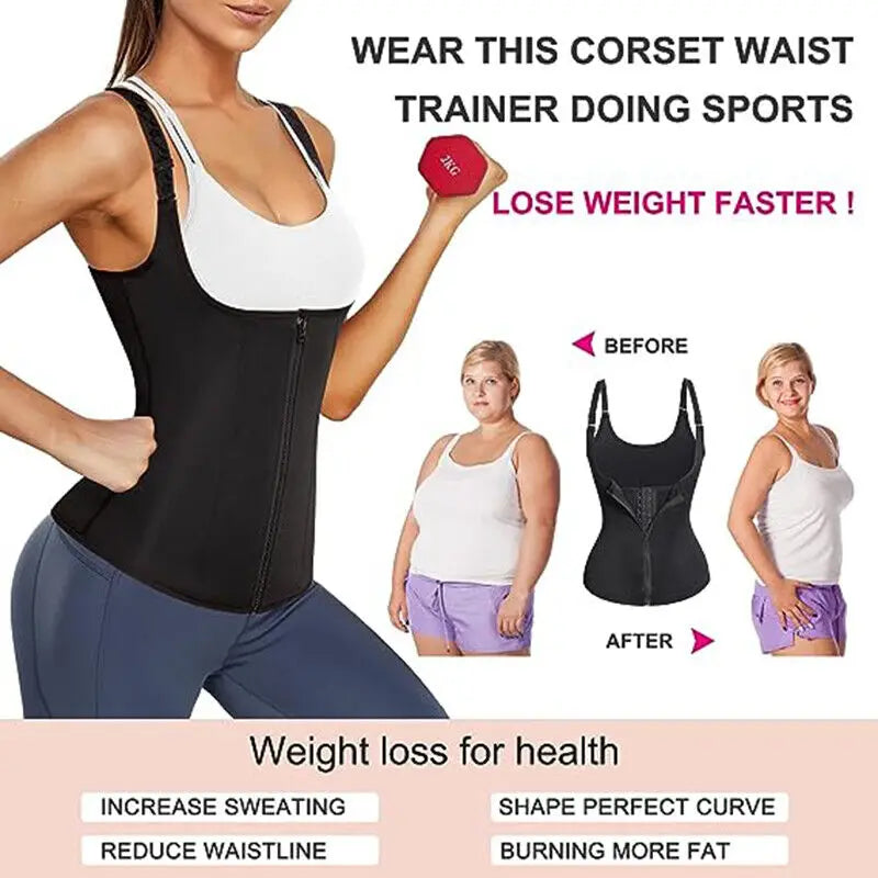 Women's Waist Trainer Sauna Sweat Vest Corset Body Shaper Neoprene Shapewear Gym Workout Tank Top Black Slimming Top with Zipper