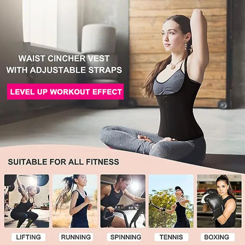 Women's Waist Trainer Sauna Sweat Vest Corset Body Shaper Neoprene Shapewear Gym Workout Tank Top Black Slimming Top with Zipper